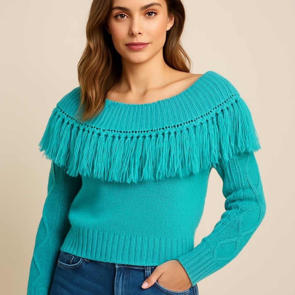 Rock and Roll Cowgirl Teal Fringe Off Shoulder Knit Sweater XS Western Boho